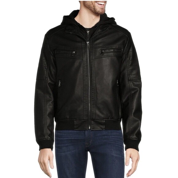Murano Other - Murano Big & Tall Black Bomber with Knit Hood Faux Leather Jacket. Size LT . New